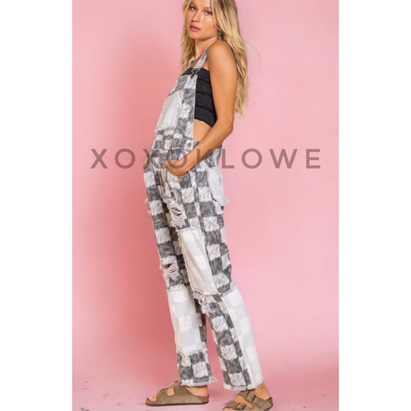 POL Black & White Checkerboard Distressed Overalls Premium Denim - Picture 9 of 13